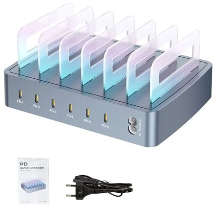 Jectse 120W Fast Charging 6 Port USB C Charger Block, Multi Device USB Charging Station, Card Slot Desktop Charger, RGB Breathing Light, för Mobiltelefoner och surfplattor. (EU)