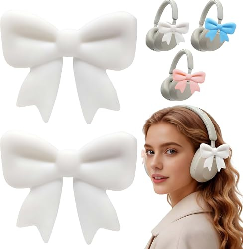 NEWFLAG 2 Pack Silicone Bow Headphone Accessory,3D Cute Clip-on Bows for Headphones,Detachable Decoration for Women,Girls and Gamers,Universal Fit for Most Headphones(White)