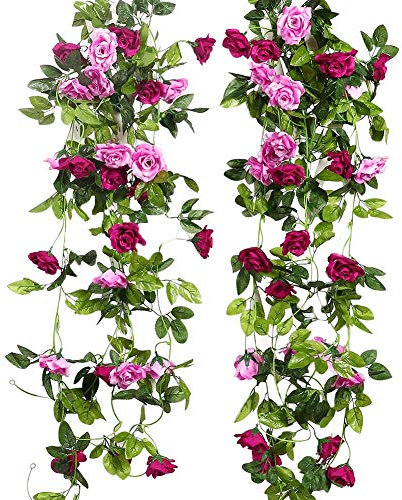 JUSTOYOU 2pcs 7.8FT zweifarbige künstliche gefälschte Rosengirlande Wein hängen Seide Blume künstliche Blume für Außen- und Innenhochzeit Wand schlechte Dekoration (Magenta)