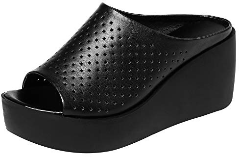Jamron Femmes Peep Toe Mules Plateforme Talon Compensé Cuir Véritable Été Pantoufles