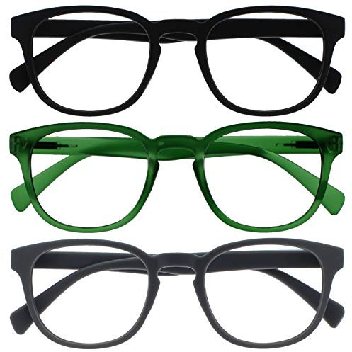 OPULIZE Pop Lesebrille 3er Pack Keck Rund Matt Rahmen Federscharniere Kratzfest Schwarz Grün Grau Herren Damen RRR2-167 +3.50