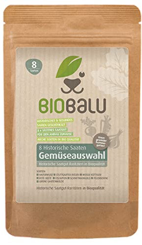 Biobalu Gemüsesamen Bio - 8 Alte Sorten - Historisches Saatgut Set Gemüse, Saatgut Raritäten in Bioqualität, Samenfeste & Seltene Gemüsesorten für Freiland, Gewächshaus & Balkon - Geschenkset