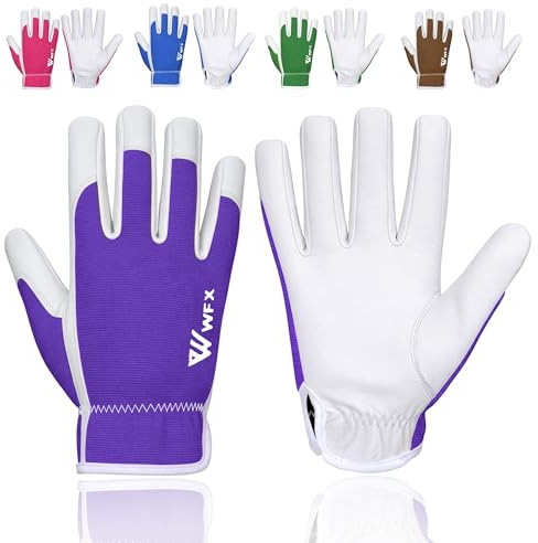 WFX Guantes de trabajo de cuero para jardinería, transpirables, a prueba de espinas, para construcción de palmas, guantes de jardinería resistentes, para mujer y hombre, utilidad (Morado, L)