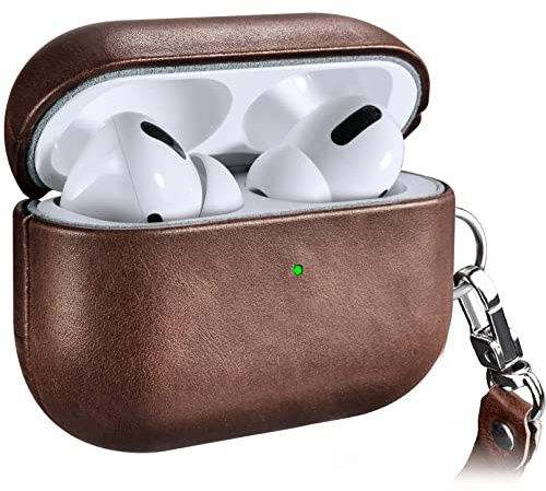 Ledertasche Hülle für AirPods Pro, ICARERSPACE Premium Echtleder Stoßfeste Schutzhülle für Apple AirPods Pro Ohrhörer Ladehülle (LED sichtbar) Unterstützt kabelloses Ladegerät BRAUN