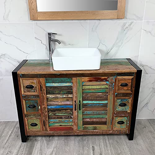 Wooden Bathroom Vanity with Sink and 6 Drawers - Double Door Bathroom Sink Cabinet Wash Basin - Urban Chic Single Vanity Unit with Chromed Mixer Tap - Rectangle Bowl (IRF02BCB021)