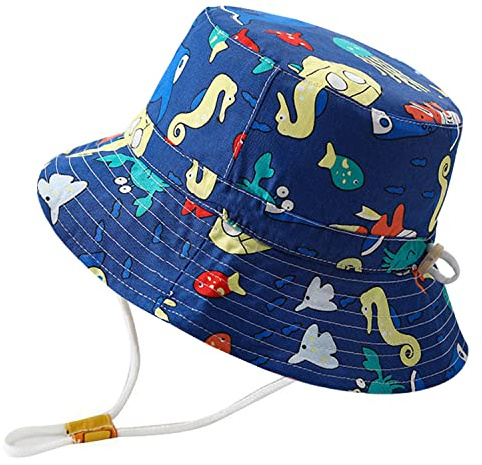 Rayson Barn solhatt hatt brett brätte strandhatt med justerbar hakrem barnhatt barn tecknat tryck buckethatt, Blå dykdjur, one size