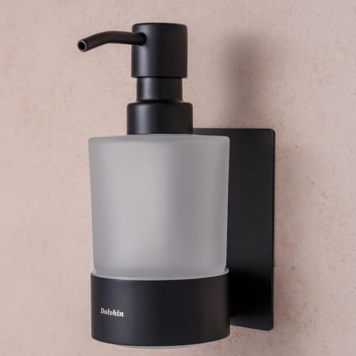 Dolvhin Seifenspender Wandbefestigung ohne Bohren | Milchglas Handseifenspender | Edelstahl Pumpspender & Wandhalterung | Wandseifenspender zum Kleben | Spülmittelspender 250ml | Schwarz Matt
