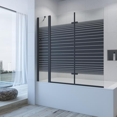 AQUABATOS Shower Screen Bathtub Black 150 x 140 cm Bath Attachment 3-Piece Foldable Shower Screen Folding Wall Glass Fixed Part with Corner Shelves Bath Folding Wall Shower 5 mm Tempered Clear Glass