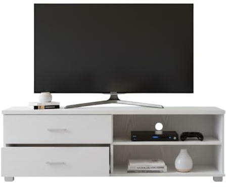 MAKA Mobile TV Soggiorno Moderno in Legno Truciolato Melaminico con Cassetti Ripiani Aperti Mobiletto con 5 Gambe in PVC Porta Tv fino a 50 Pollici Foro Passa Cavi 120x40+44 cm (Bianco+Venature)