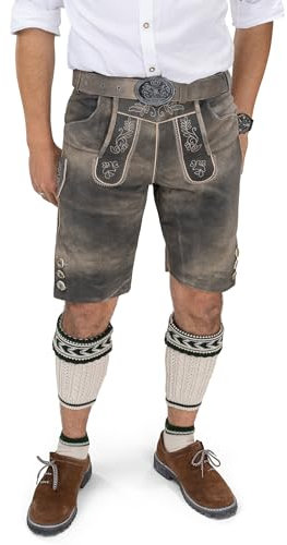 Schöneberger Trachten Couture Herren Lederhose kurz mit Trachtengürtel, Trachtenlederhose braun für Oktoberfest, Trachtenhose Starnberg (50)