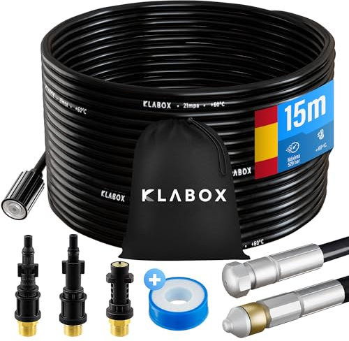 KLABOX Deboucheur Canalisation Haute Pression 15m | Furet Karcher Compatible avec Karcher K2-K7, Lavor, Bosch, Parkside et d'Autres Marques | Inclut 3 Adaptateurs, 2 Buses, 1 Sac et 1 Ruban Téflon