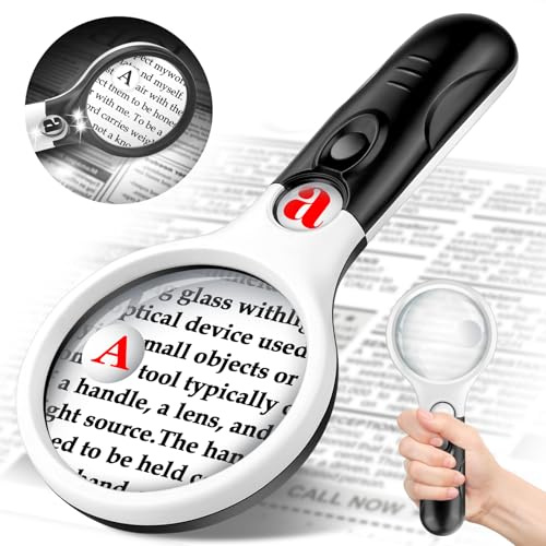 Compact Magnifying Glass with Lights,45X 10X 5X Small Handheld Lighted Magnifier, 3 LED Light Magnifying Glass for Reading Small Prints & Low Vision Seniors B&W