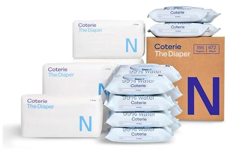 Coterie Baby Wipes + Diapers Kit, Size Newborn Diapers (186 Count) & 12 Pack (672 Count) Baby Wipes with 99% Water, Plant Based Materials, Hypoallergenic for Sensitive Skin
