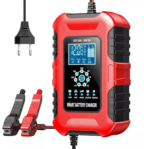Huzoomtoyz Caricabatterie intelligente da auto da 10 A, 12 V/24 V, caricatore intelligente per auto, camion, moto, barca, compatibile con batterie AGM EFB LiFePO4