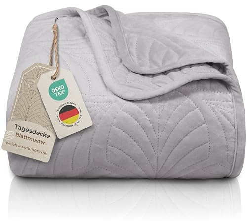 Gräfenstayn copriletto trapuntato matrimoniale 240x260 cm estivo in poliestere – certificato OEKO‑TEX, antigualcitura, decor foglia – elegante coperta letto & sofà (grigio)