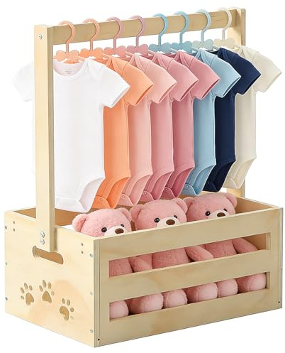 Babyshower gåva med handtag, babyförvaringskorg med 8 galgar, trä baby presentkorg, babykorg nyfödda för gravida kvinnor, nya föräldrar, perfekt för blöjor, kläder och leksaker