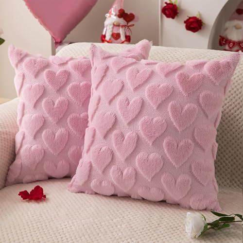 Kissenbezug 45x45, Valentinstag deko, 2 Stück Kissenbezug mit Herz Design, Weiche Plüsch Kissenbezüge aus Pillow Case, Plüschige Dekokissen für Betten, Sofas, Wohnmöbel, Urlaubsdekoration (Rosa)