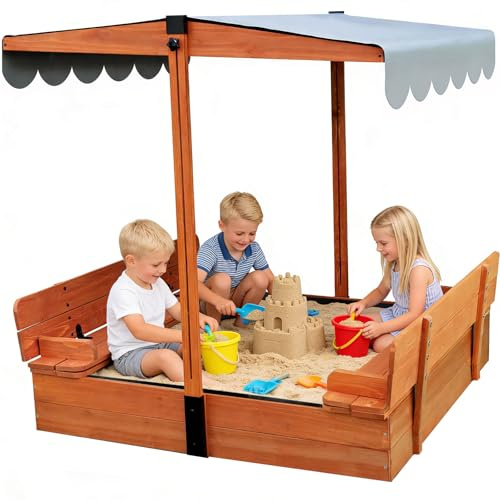 Kids Wooden Sandbox with Lid for Ages 4-8, Sand Box with Cover and Canopy, Outdoor Sand Pit with 2 Foldable Bench Seats, Retractable Roof, Bottom Protection Liner, for Backyard Garden Beach, 47x47inch