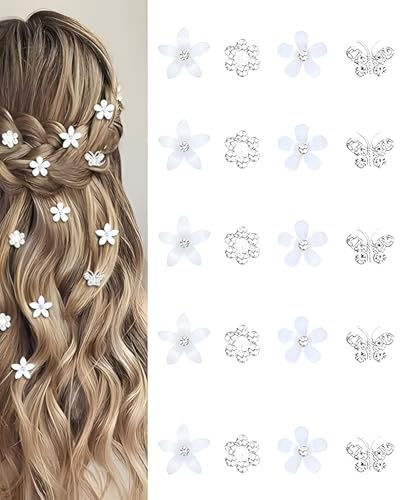 HAPZUR Lot de 20 pinces à cheveux avec petites fleurs, minis épingles en strass métal, barrettes de mariée pour filles, accessoire mariage, barrette femme, pince fleur, cheveux bijoux (4 motifs)