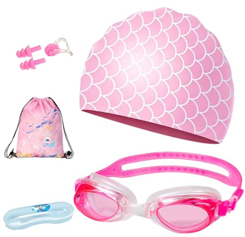 MIFKLMV Girls Swiming Goggles, Kids Swim Goggles with Swimming Cap for Girls Swimming Glasses for Children (5-15) Swim Goggle with Ear Plug Nose Clip, Waterproof