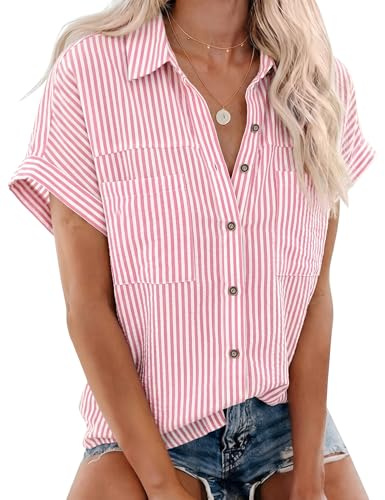 Rapbin Blusa para mujer, informal, manga corta, cuello en V, camisa de verano, con botones, elegante, blusa de algodón, parte superior con bolsillo