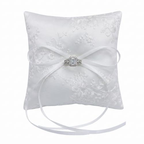 YALiya Ringkudde, bröllop, ringhållare, kudde, vit, brudkudde, bärare, ringlåda, 15 x 15 cm, ringlåda, ringlåda med satinband för bröllop, fest, bröllopsceremoni, ansökan