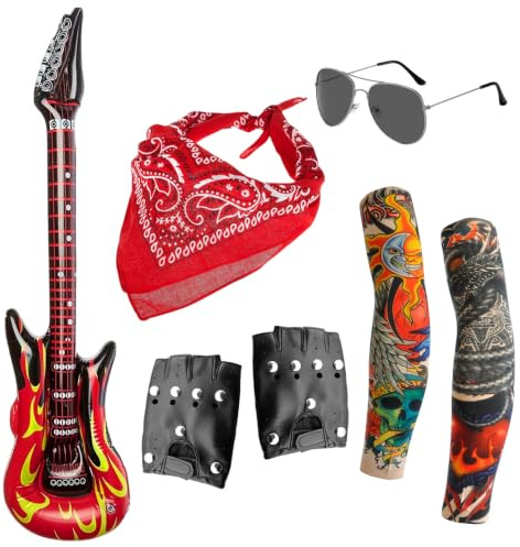 TNLQWZ 7 Piezas de Disfraz de Rockera Años 80, Punk Gótico Rockero Kit con Guitarra Inflable, Gafas de Sol, Guantes, Bandana y Mangas de Tatuaje, para Fiesta de los Años 80 y 90