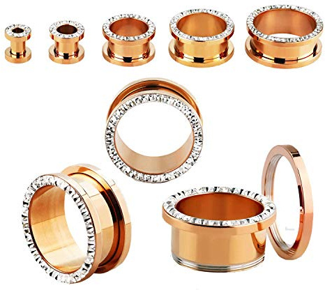 Flesh Tunnel Tunnel in acciaio chirurgico oro rosa, set da 2 piercing estensori per orecchio, con glitter, Acciaio inossidabile