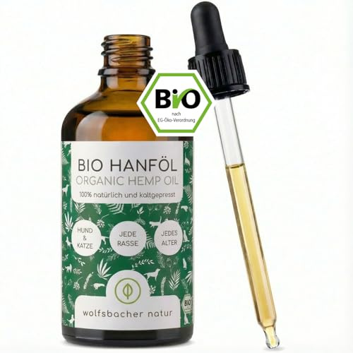 Huile de Chanvre Bio pour Chiens et Chats 50ml | 100% Naturelle et pressée à Froid - Soutien Pelage & Peau grâce aux Oméga 3-6-9, calmant pour Chiens - DE-ÖKO-060