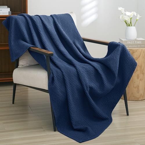 PHF Manta de algodón prelavada con Tejido gofre para sofá Cama, a Prueba de enganches, Ligera, Transpirable, Certificado Oeko-Tex, Lavable a máquina, Regalo de decoración del hogar, Azul Marino/Azul