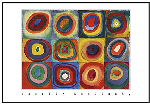 Panorama Cuadro Enmarcado Wassily Kandinsky Cuadrados con Anillos 70x50 cm - Impreso en Papel Rígido - Incluye Marco - Decoración Salón - Póster Decorativos para Dormitorio y Salón