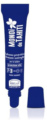 Helan, Monoï de Tahiti - Burrocacao Labbra Protezione Solare 30 Antirughe, Balsamo Labbra Idratante Acido Ialuronico, Lip Balm Waterproof Filtro UV/IR, Burro Cacao Vitamina E e Burro di Karitè, 15 ml