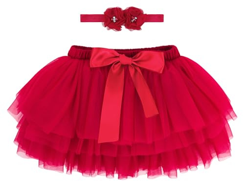 ANIMQUE Bebé Niñas Pequeñas Niñas Tutu Falda Princesa Mini Falda Tulle Súper Suave Ballet Falda de Cintura Elástica con Funda de Pañal + Diadema 1-2 Años, Rojo L