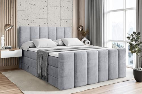 ALTDECOR Boxspringbett mit Matratze und Lattenrost, Topper, Fußteil,Polsterbett mit Bettkasten, Bett mit Stauraum H3- und H4- Matratze, Doppelbett - BOXI1-Z King - 180x200 - Grau Monolith