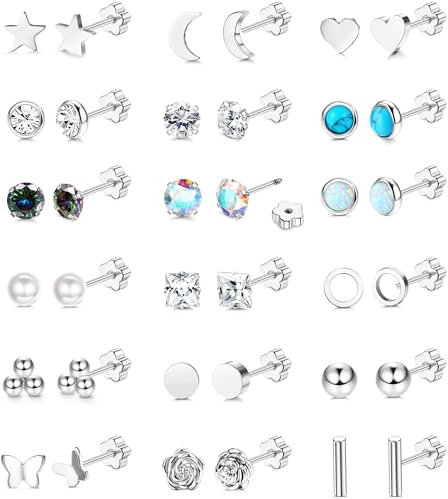 JeweBella 18 Pairs Klein Ohrstecker Chirurgenstahl Ohrringe Silber Set für Damen Herren Hypoallergen 20G Helix Piercings Ohr Knorpel Ohrringe Set CZ Opal Türkis