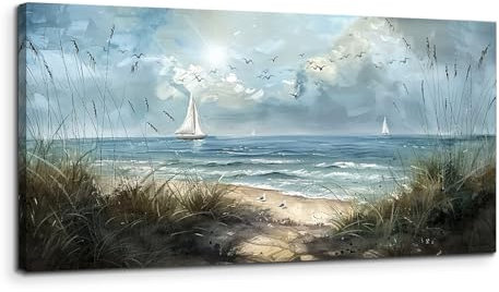 MHARTK66 Tableau Decoration Murale Salon Moderne, 50x100 cm Grand Impression sur Toile, Cadre Decoration Murale Bateau À Voile au Bord de Mer, Décoration de Chambre Salle De Bain Maison Décorations