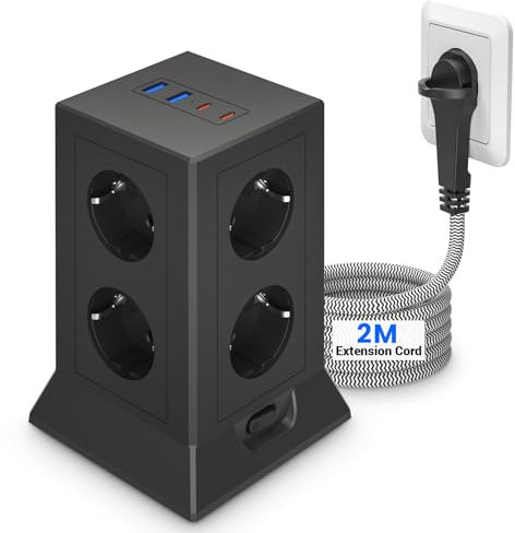 Tour multiprises, multiprise USB 8 prises et 4 USB, multiprise plate avec protection contre les surtensions, 2 m avec interrupteur pour table, bureau, maison, noir (2 m)