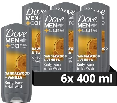 Dove Men+Care Sandalwood & Vanilla Men's Body Cleanser shower gel Body Wash with MicroMoisture technology 3-in-1 Hair, Face and Body Wash for 24 hour nourishment 400 ml, Pack of 6