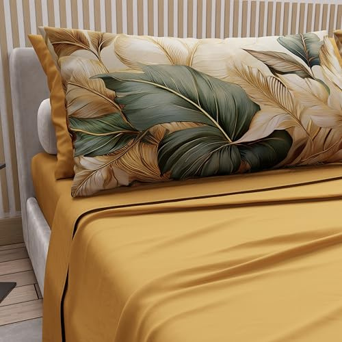 PETTI ARTIGIANI ITALIANI - Juego de Sabanas de Algodon para Cama Doble con Fundas de Almohada y Sábana Bajera 160x200, Diseño Floral 165 Ocre, 100% Fabricado en Italia