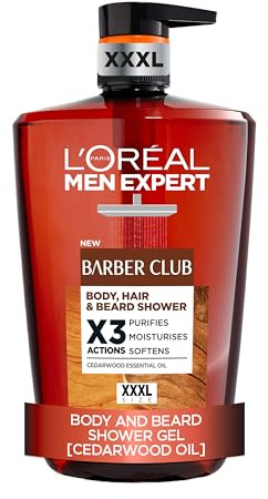 L'Oréal Men Expert gel de ducha Barber Club formulado con aceite de madera de cedro para proporcionar una limpieza, nutrición e hidratación de barba, piel y pelo