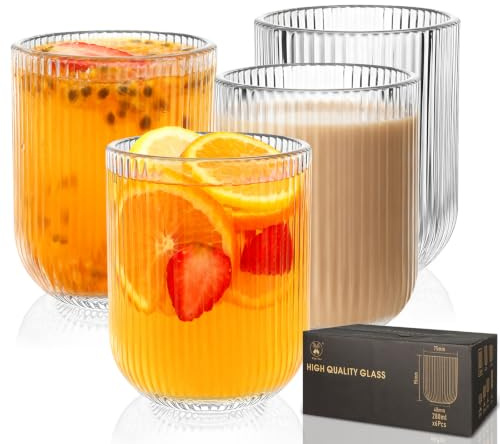 Hioph Tumbler Glasses Set of 4, 270ML Highball Ribbed Glasses,Clear Drinking Glassware,Vintage Style Cocktail Water Drinking Glasses for Bartending, Gatherings and Parties