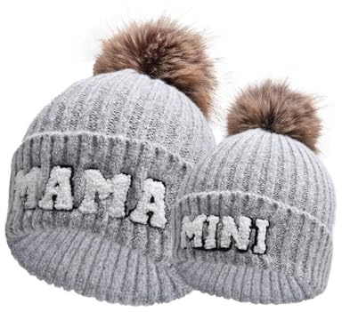 Owegvia 2 Pcs Parent-Child Beanie Hats Mama and Mini Embroidery Knitted Hats Winter Warm Cuffed Ski Cap with Pom Pom (2Pcs Gray, ONE Size)