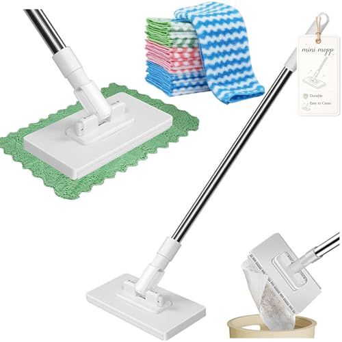 Bequemer Mini-Mopp Zum Wechseln Von Tüchern, Mini Mopp mit Automatischen Tuchwechsel, Wischmopp mit Druck-Klemm-System, 100 cm Teleskopstiel für Enge Räume, Reinigung von Boden, Wand (1Mop+10Tuch)