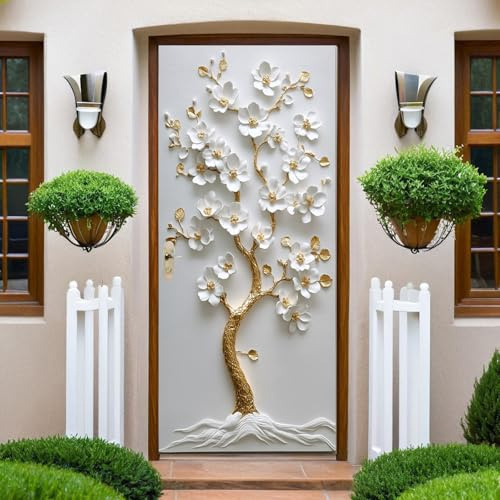 Grau Türtapete Selbstklebend Blumenreliefbaum Türposter Türaufkleber 95x210 cm Türfolie Poster Foto Wohnzimmer Schlafzimmer Badezimmer Wasserdicht Abnehmbare