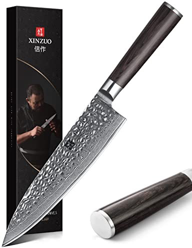XINZUO 20.1cm Coltello da Cuoco Acciaio Damasco, Coltello da chef Professionale Forgiato a Mano Coltello da Cucina con Ergonomico Manico in Legno di Pakka- He Serie
