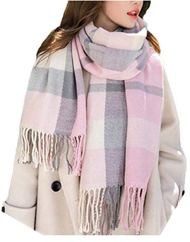 Wander Agio Women's Fashion Scarves Long Shawl Winter Thick Warm Knit Large Plaid Scarf Pink Grey 2