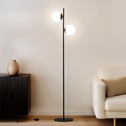 Brightech Sphere - Mid Century Modern 2 Globe Floor Lamp for Living Room Bright Lighting - Contemporary LED Standing Light for Bedrooms & Offices - Black Indoor Pole Light