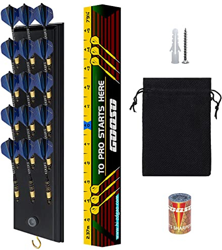 FDLS Wall Mounted Darts Holder Displaying 15pcs Steel Tip or Soft Tip Darts | Dart Caddy for Wall with Metal Hook, Come with Darts Throw Line Marker, Accessory Bag, and Darts Sharpener
