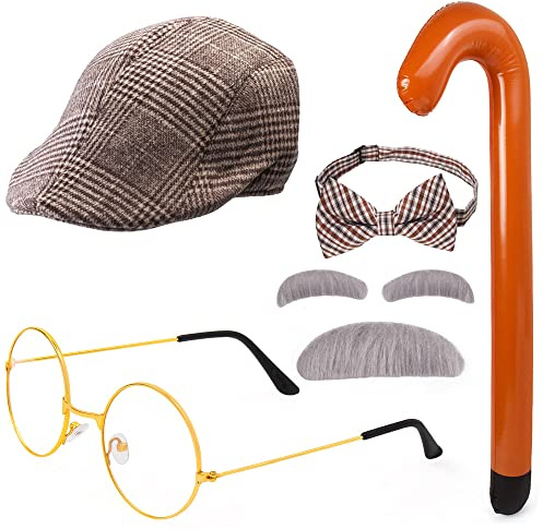 Yewong Kids Old Man Costume Grandpa Accessories Beret Hat Mustache Eyebrows Inflatable Cane Glasses Bowite Set