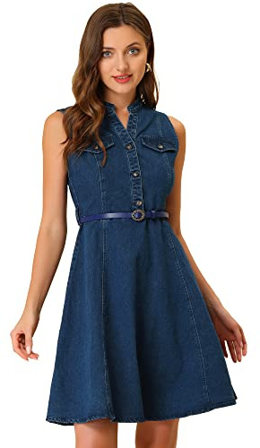 Allegra K Dam jeansklänning ärmlös Henley V-ringning bälte denim miniklänning klänning, Mörkblå, XS